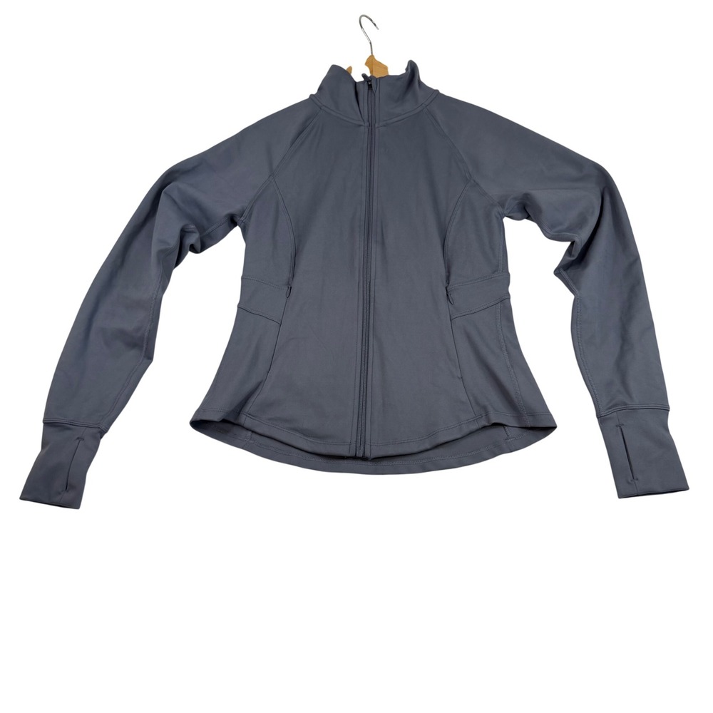 Jockey Womens Full Zip Athletic Jacket Slate Blue Mock Neck Thumbholes XS